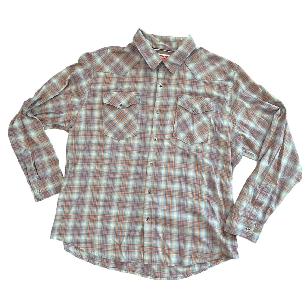 Wrangler Mens 2XL Blue Orange Plaid Western Pearl Snap Long Sleeve Shirt 23x31